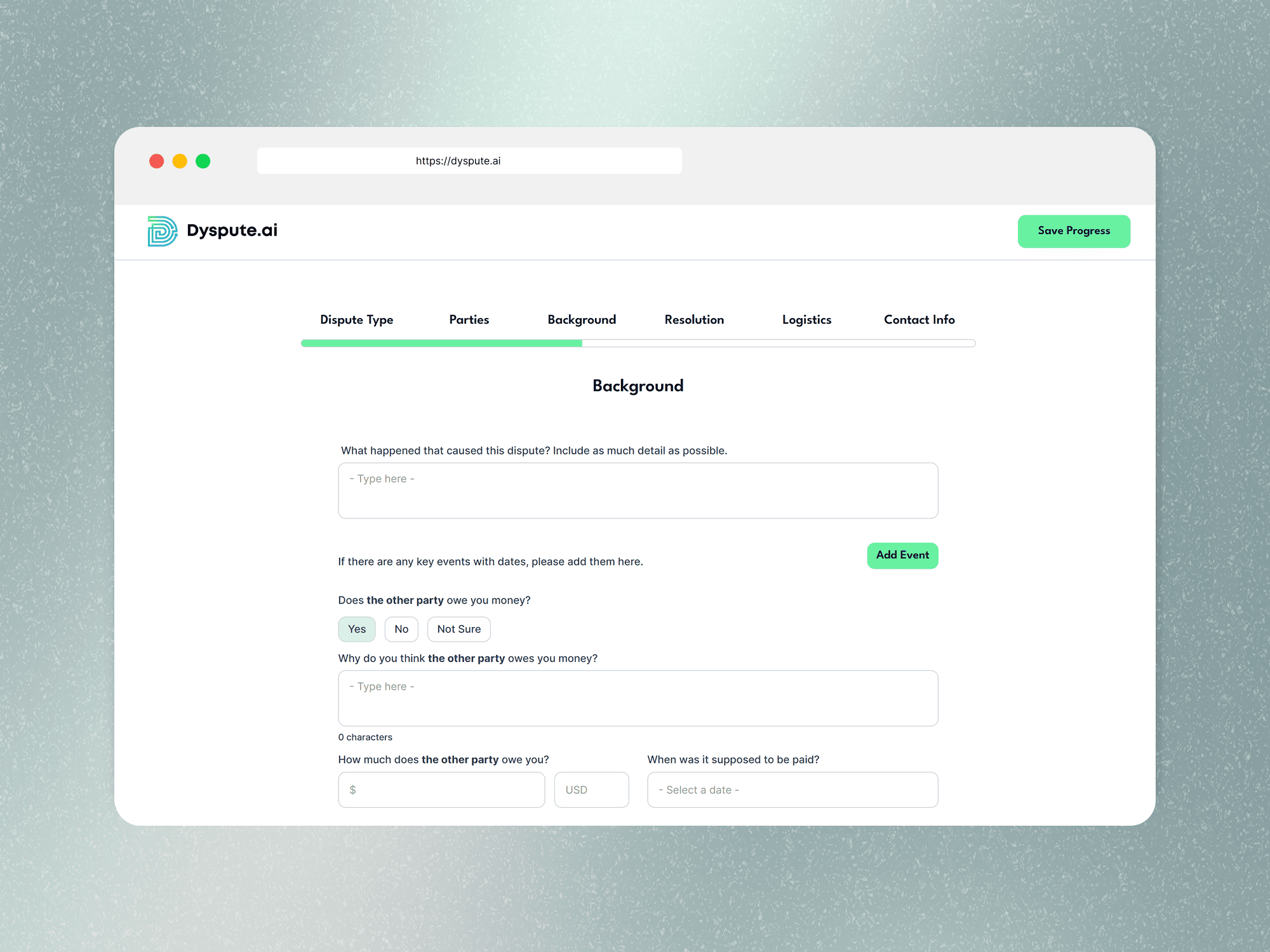 Dyspute.ai dispute intake and mediation workflow interface