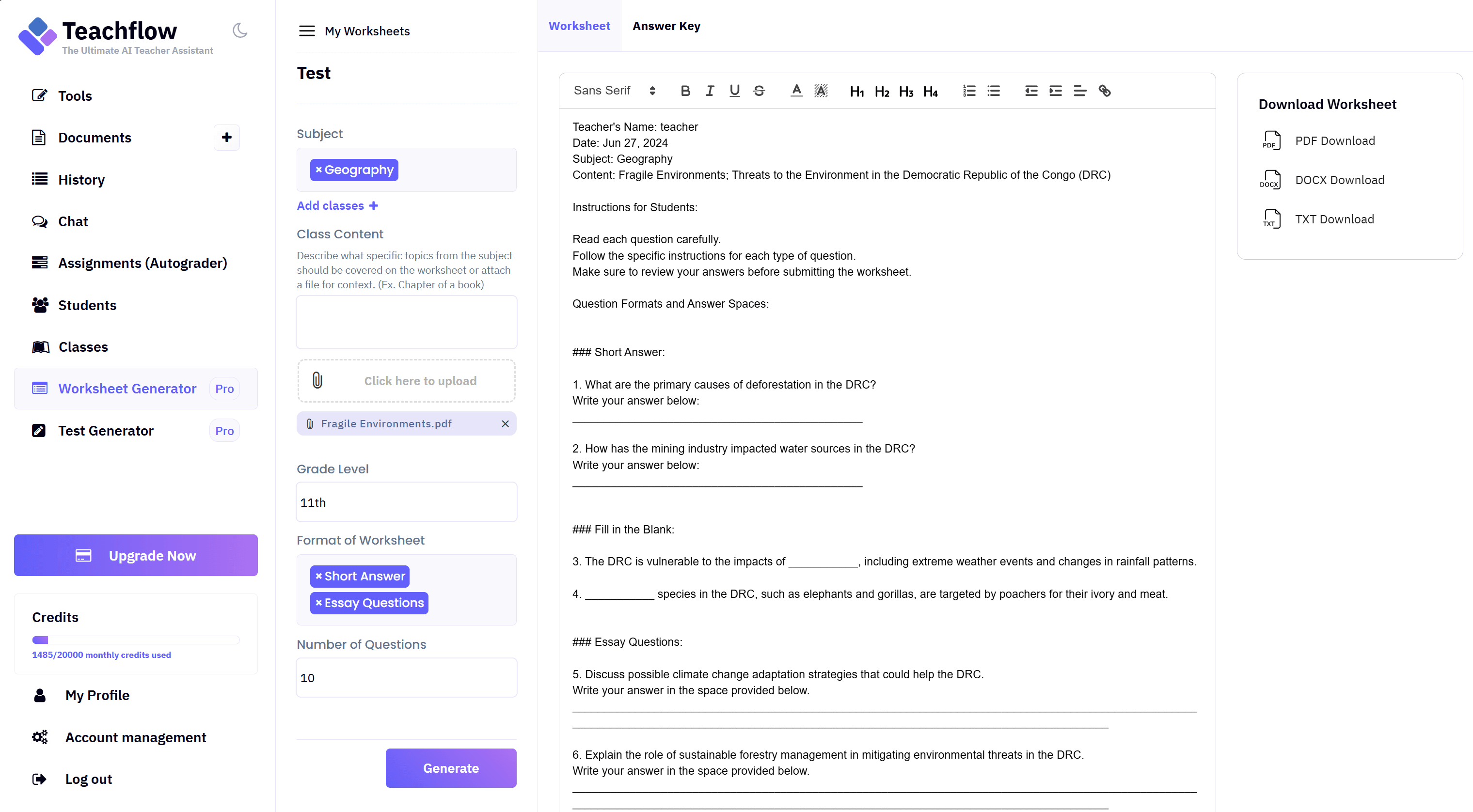 Teachflow worksheet generator and answer key interface